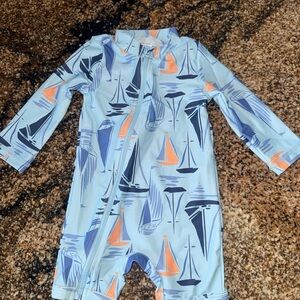 Kids Swimwear with Sailboat Print - Blue and Orange Rash Guard